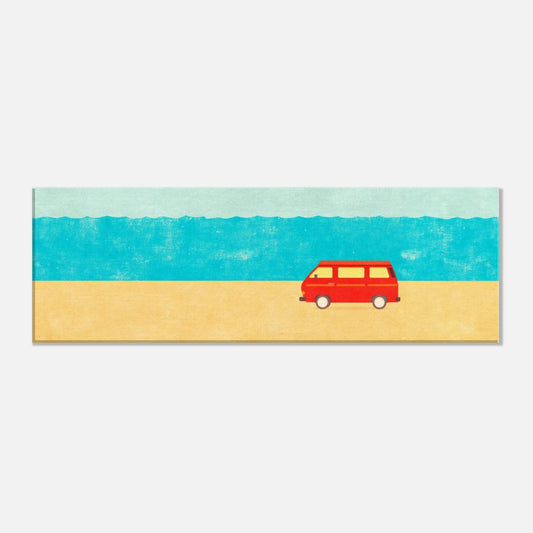 Minimalist VW Camper Van Beach Canvas – Retro Coastal Wall Art, Van Life Decor, Red Camper Print for Travel Lovers - Rampage Design Studio