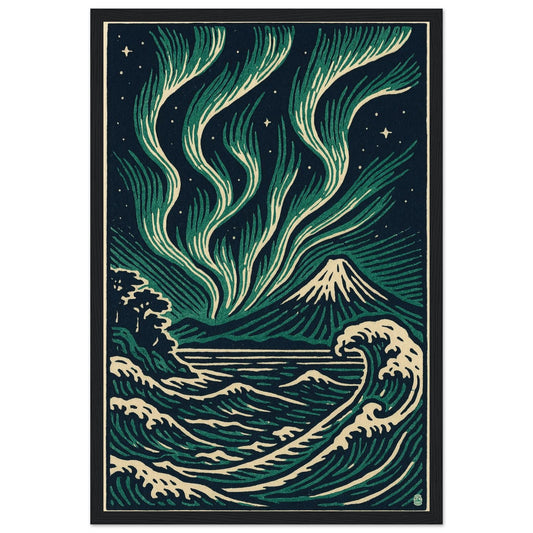 Aurora Night Waves – Japanese Linocut Style Framed Wall Art Print - Rampage Design Studio