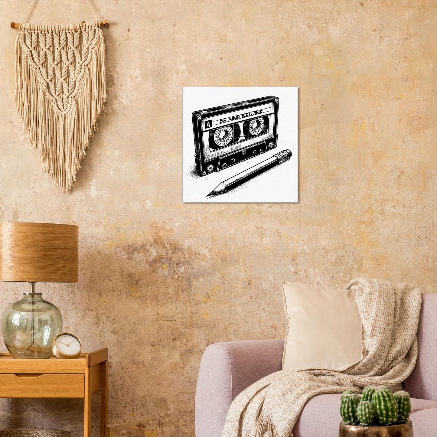 Be Kind Rewind Canvas Print, Retro Cassette Tape & Pencil Illustration, cassette tape sign, music lovers gift, record shop sign - Rampage Design Studio