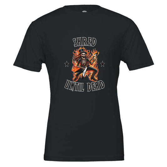 Flaming Skeleton Guitarist T-Shirt – 'Shred Until Dead' Graphic Tee in Soft Cotton - Rampage Design Studio