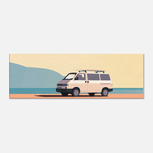 “Waiting for the Waves” – Minimalist VW Camper Van Canvas Print, Surf-Inspired Coastal Wall Art, Digital Artwork by Rampage Design Studio - Rampage Design Studio