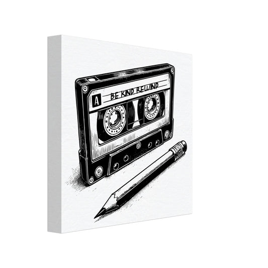 Be Kind Rewind Canvas Print, Retro Cassette Tape & Pencil Illustration, cassette tape sign, music lovers gift, record shop sign - Rampage Design Studio