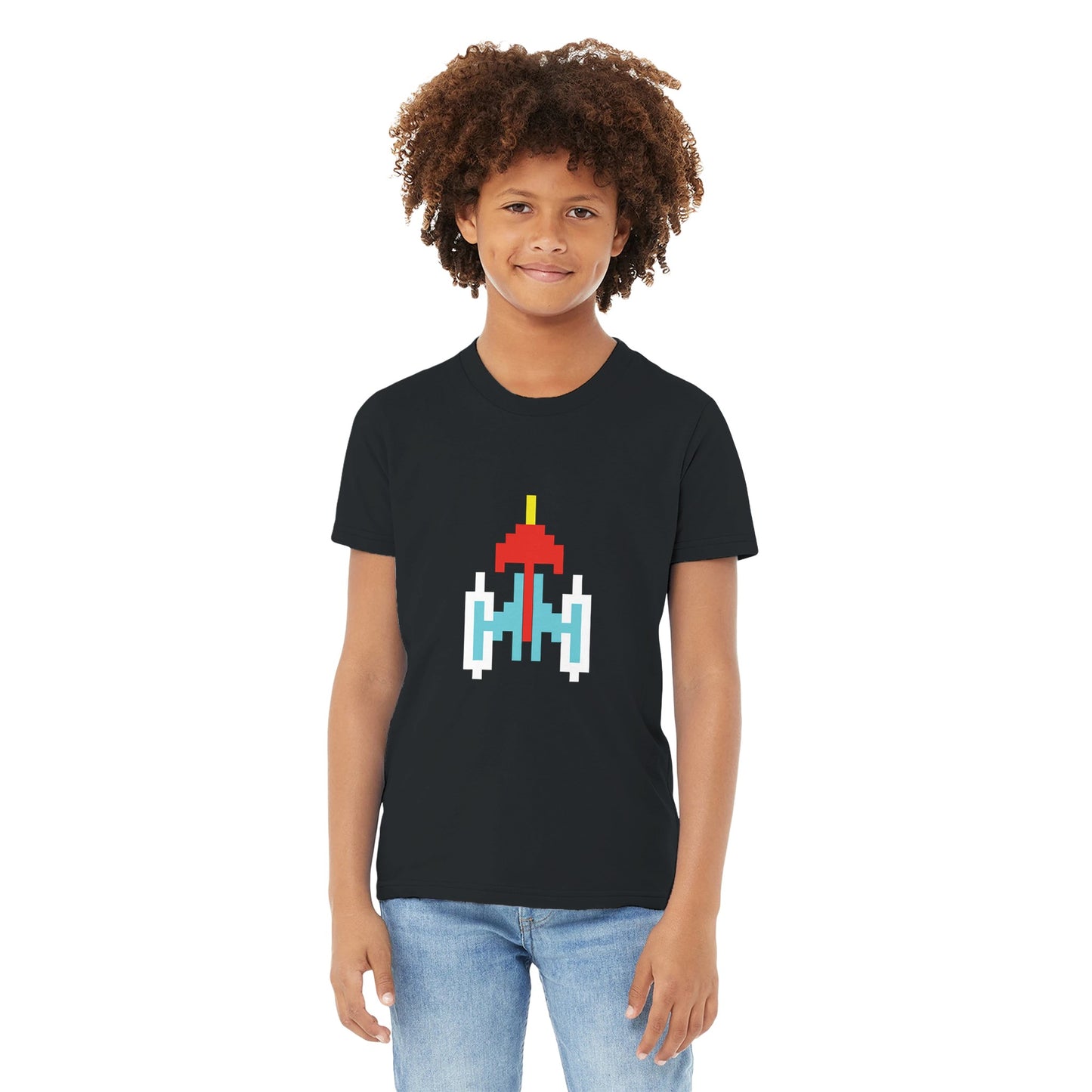 Galaxian Spaceship Kids Crewneck T-Shirt – Retro Gaming Tee for Young Fans - Rampage Design Studio