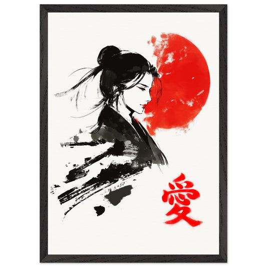 Japanese Woman Art Print Rising Sun Love Kanji Elegant Sumi-e Wall Decor Japanese Art Poster Love Poster - Rampage Design Studio
