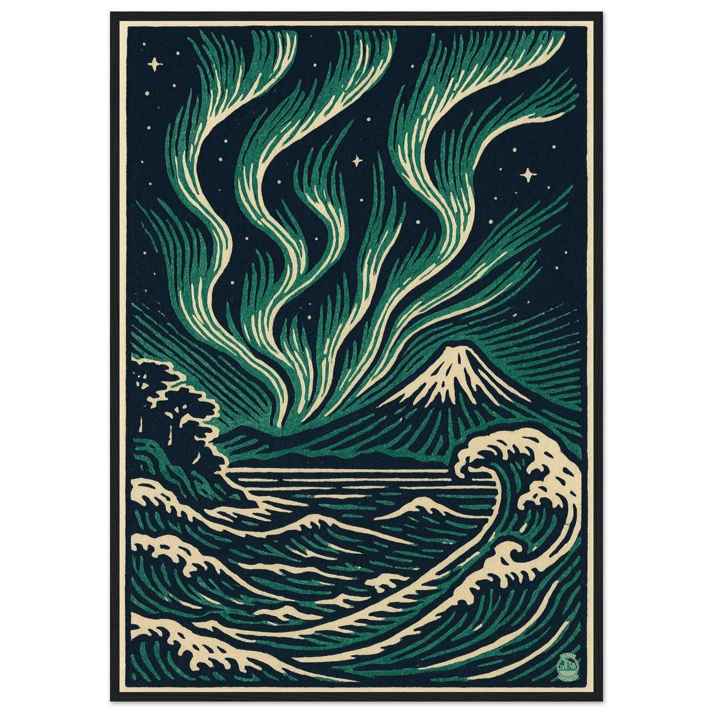 Aurora Night Waves – Japanese Linocut Style Framed Wall Art Print - Rampage Design Studio