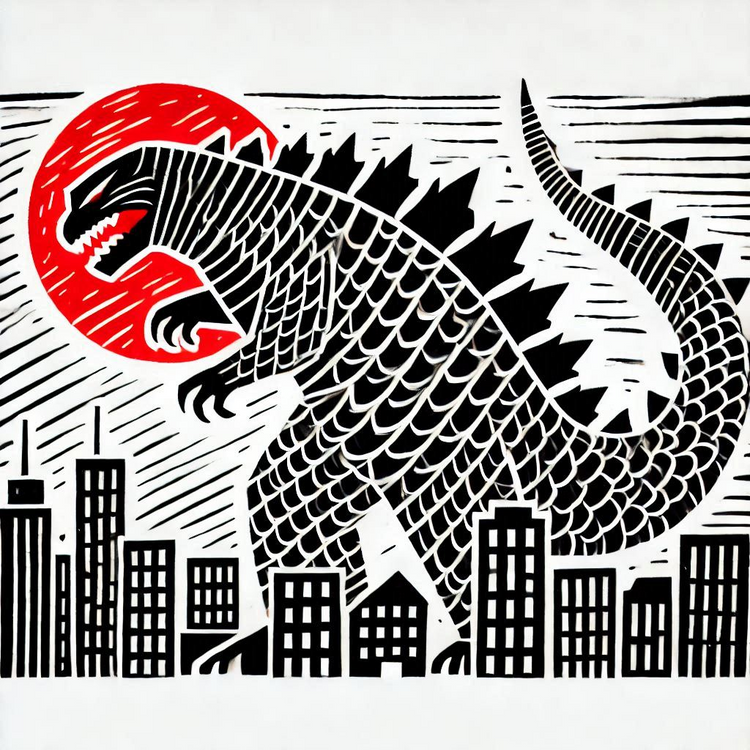 A linocut or japanese ink block print of godzilla a kaiju in popular Japanese culture.