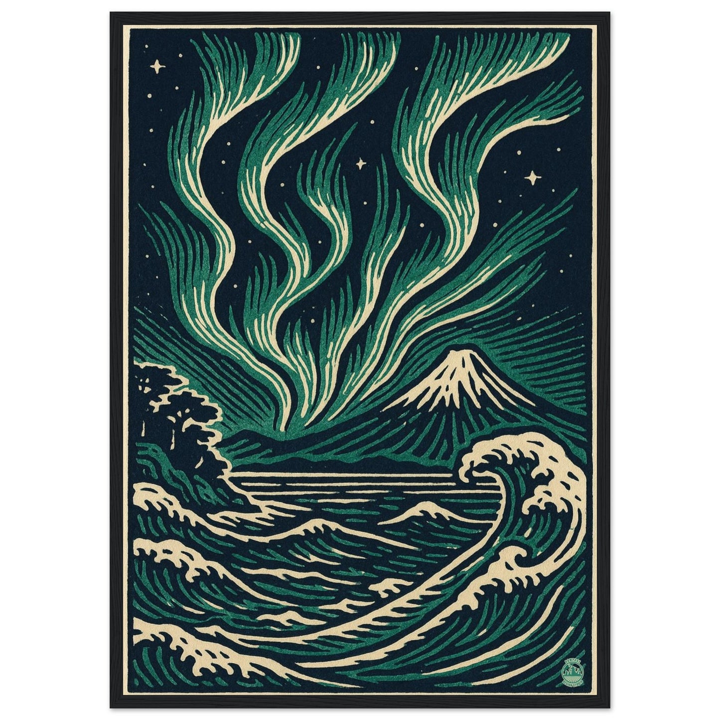 Aurora Night Waves – Japanese Linocut Style Framed Wall Art Print - Rampage Design Studio