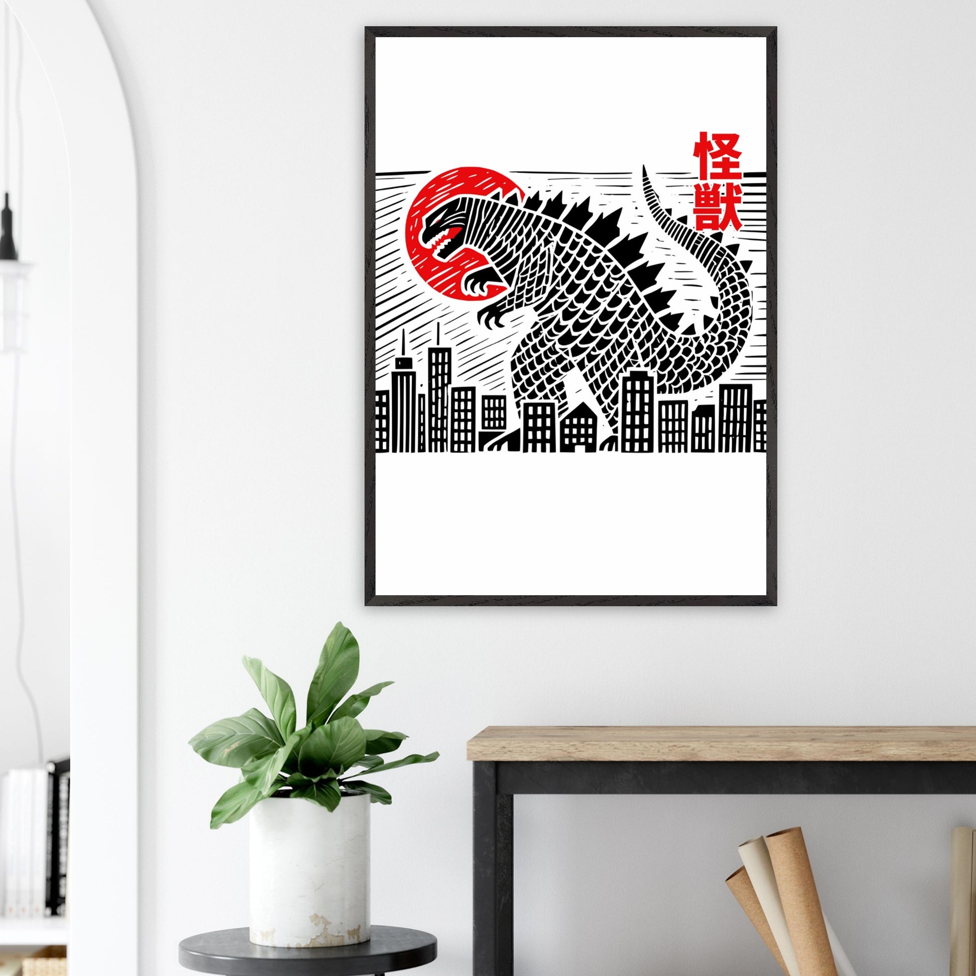 Japanese Block Print Style Mounted Framed Poster – Kaiju Godzilla Cityscape Art - Rampage Design Studio