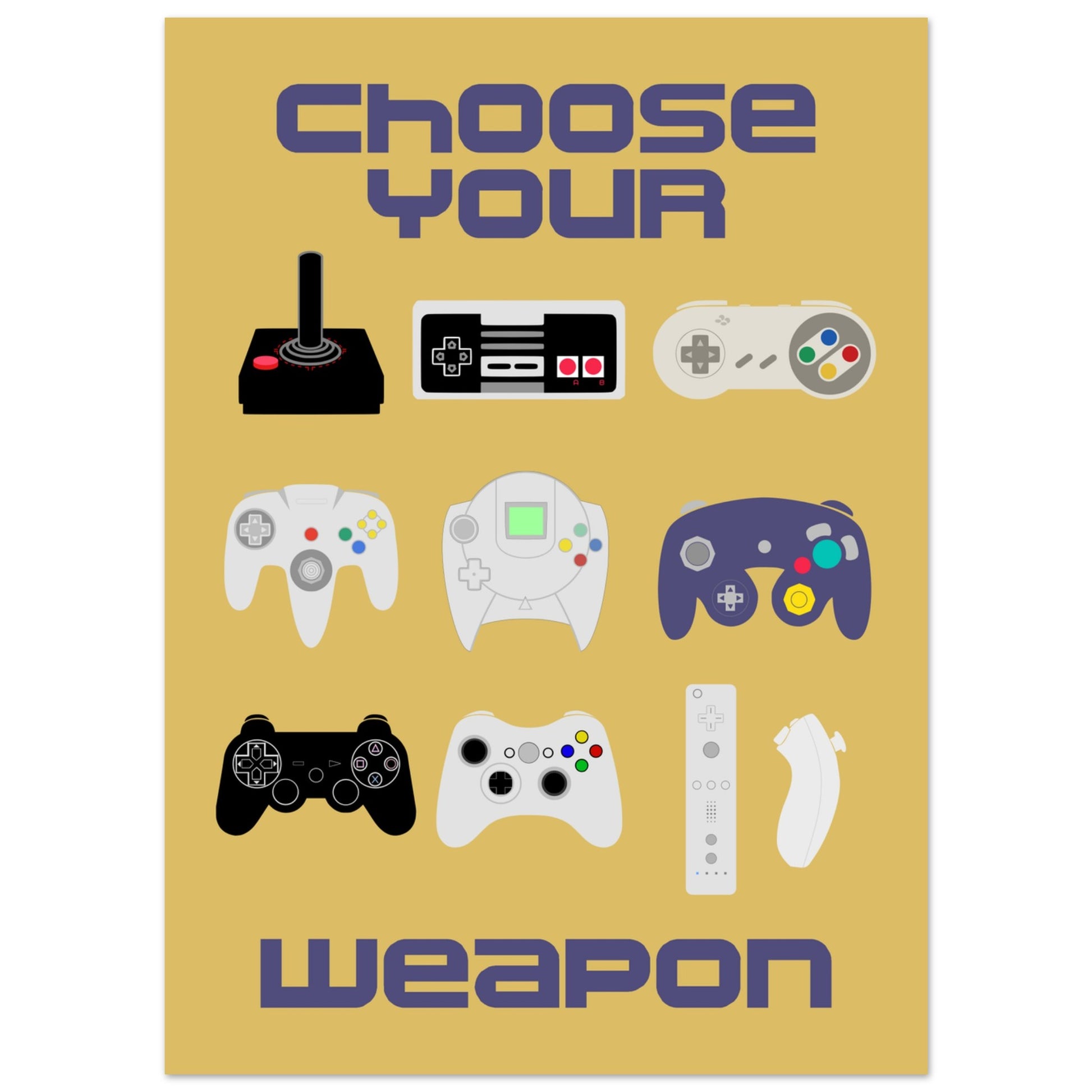 Choose Your Weapon Retro Poster, Vintage Gaming Controllers Art Print, Gift for Gamers, Boys room poster, gaming room poster - Rampage Design Studio