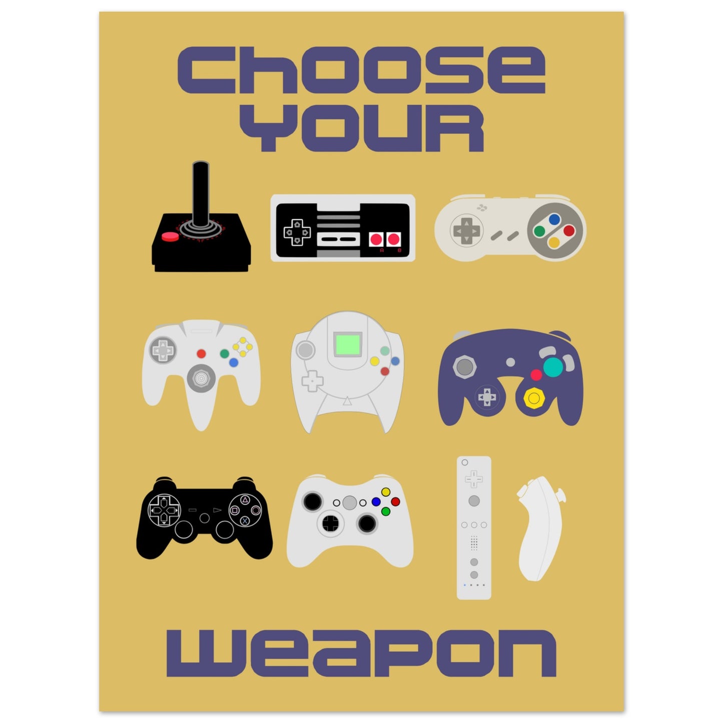 Choose Your Weapon Retro Poster, Vintage Gaming Controllers Art Print, Gift for Gamers, Boys room poster, gaming room poster - Rampage Design Studio