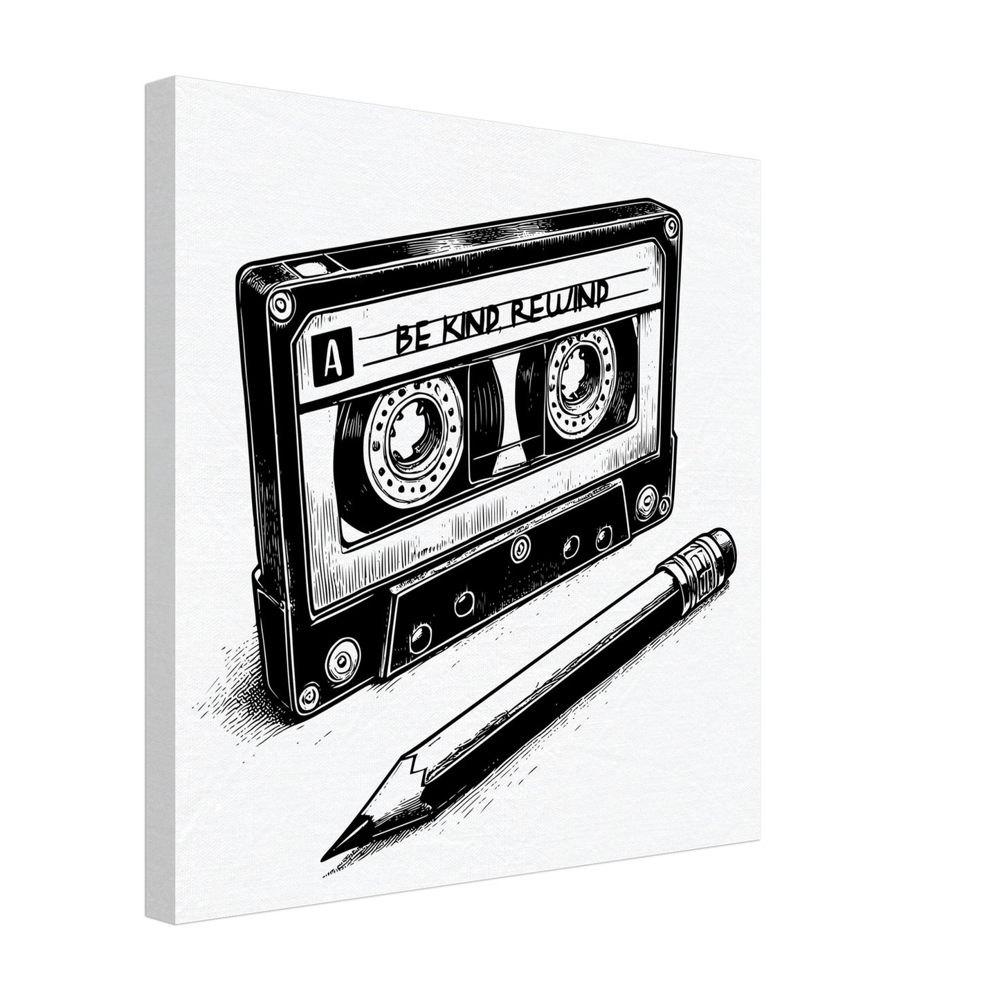 Be Kind Rewind Canvas Print, Retro Cassette Tape & Pencil Illustration, cassette tape sign, music lovers gift, record shop sign - Rampage Design Studio