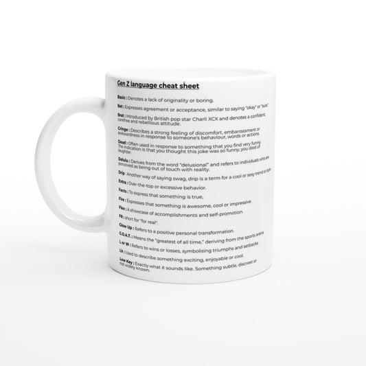 Gen Z Language Cheat Sheet Mug – Glossy Ceramic, Dishwasher & Microwave Safe, 11oz - Rampage Design Studio