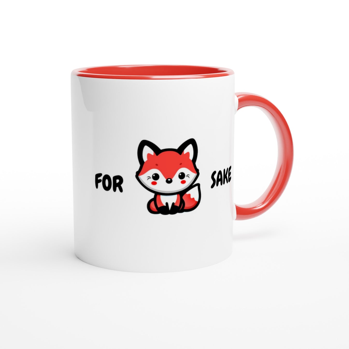 Funny Fox Mug – Red Handle & Interior – 'For Fox Sake' Design – Ceramic Coffee Cup 11oz - Rampage Design Studio
