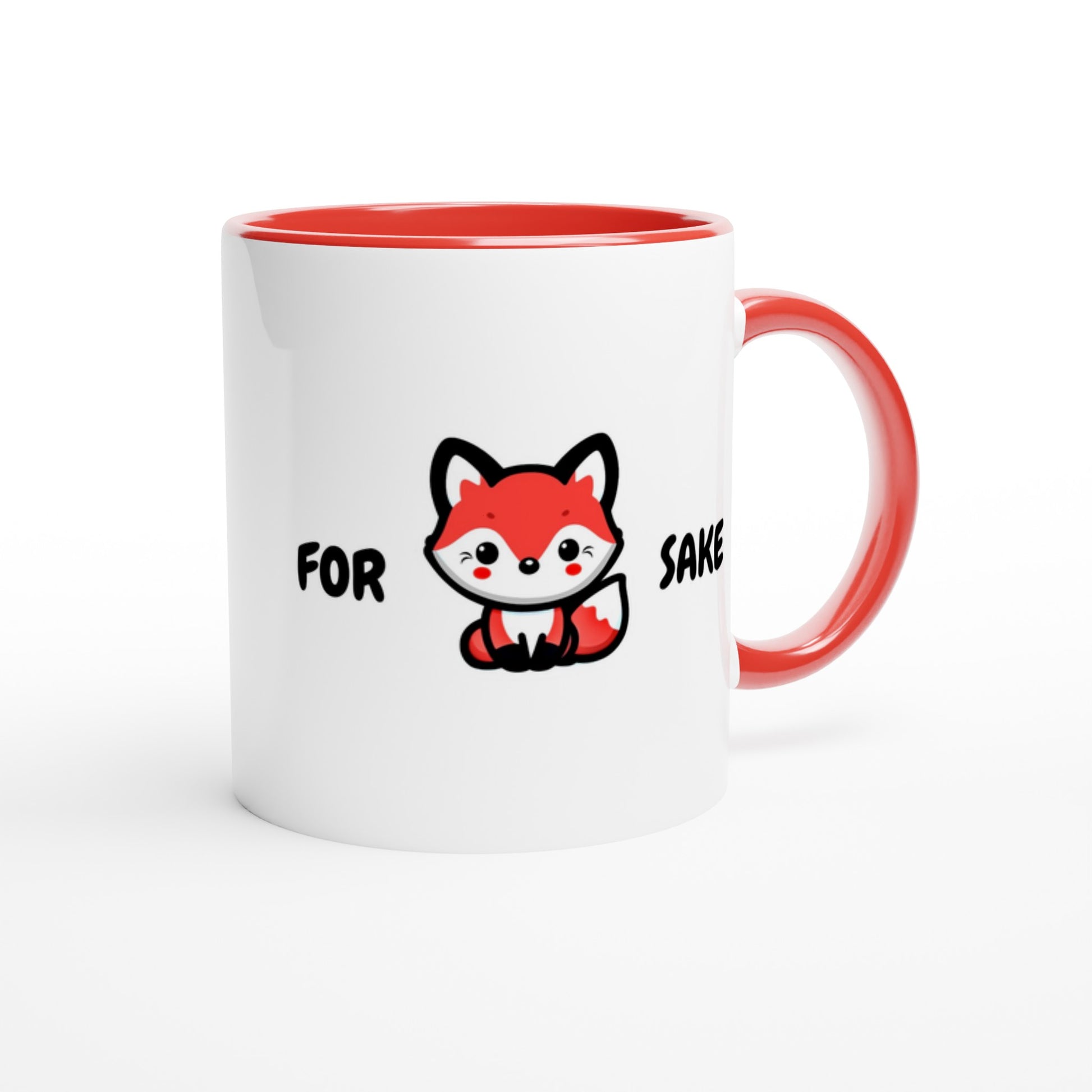 Funny Fox Mug – Red Handle & Interior – 'For Fox Sake' Design – Ceramic Coffee Cup 11oz - Rampage Design Studio