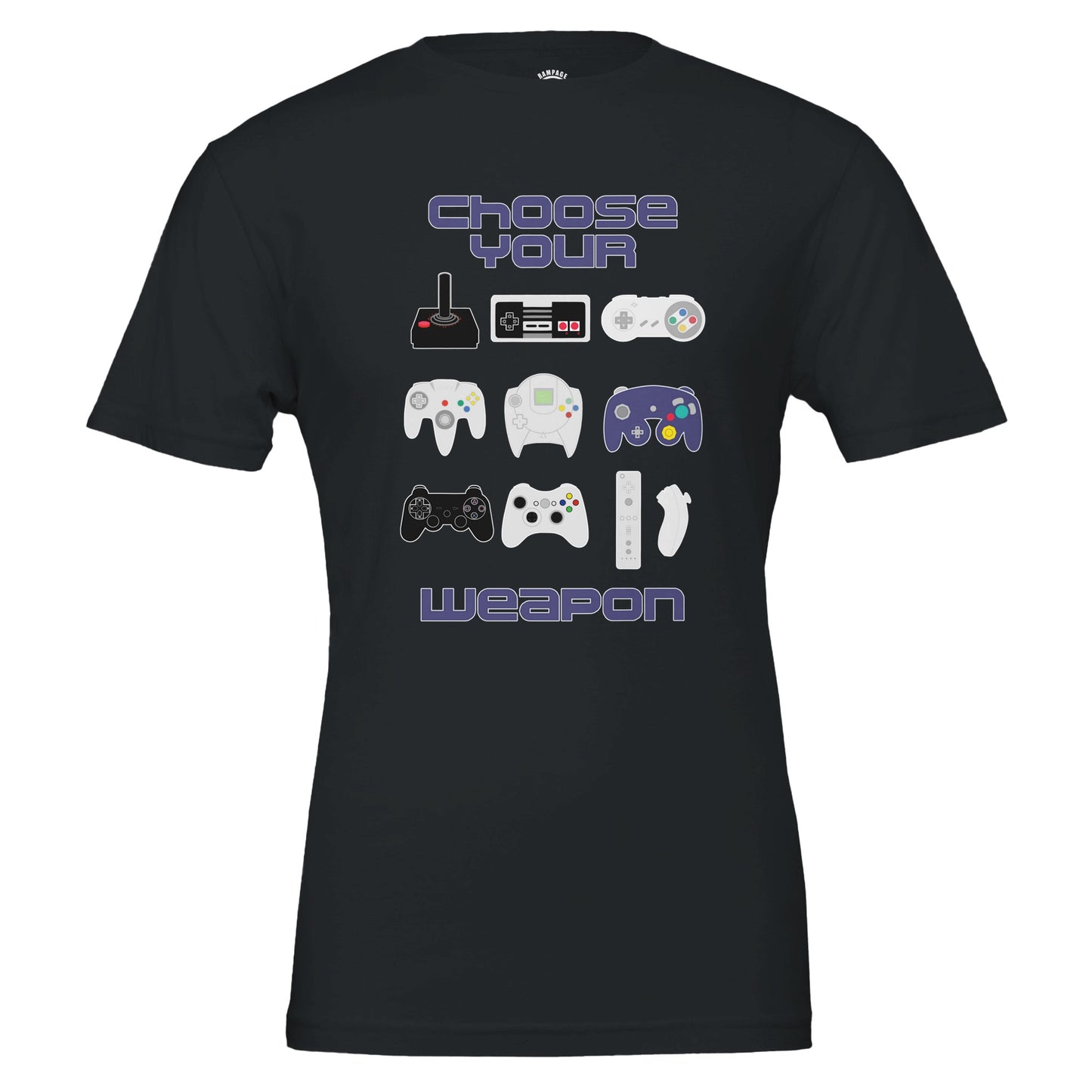 Retro Gamer T-Shirt, Choose Your Weapon, Vintage & Modern Game Controllers Design, Nintendo, Playstation, Sega, Atari, Xbox - Rampage Design Studio