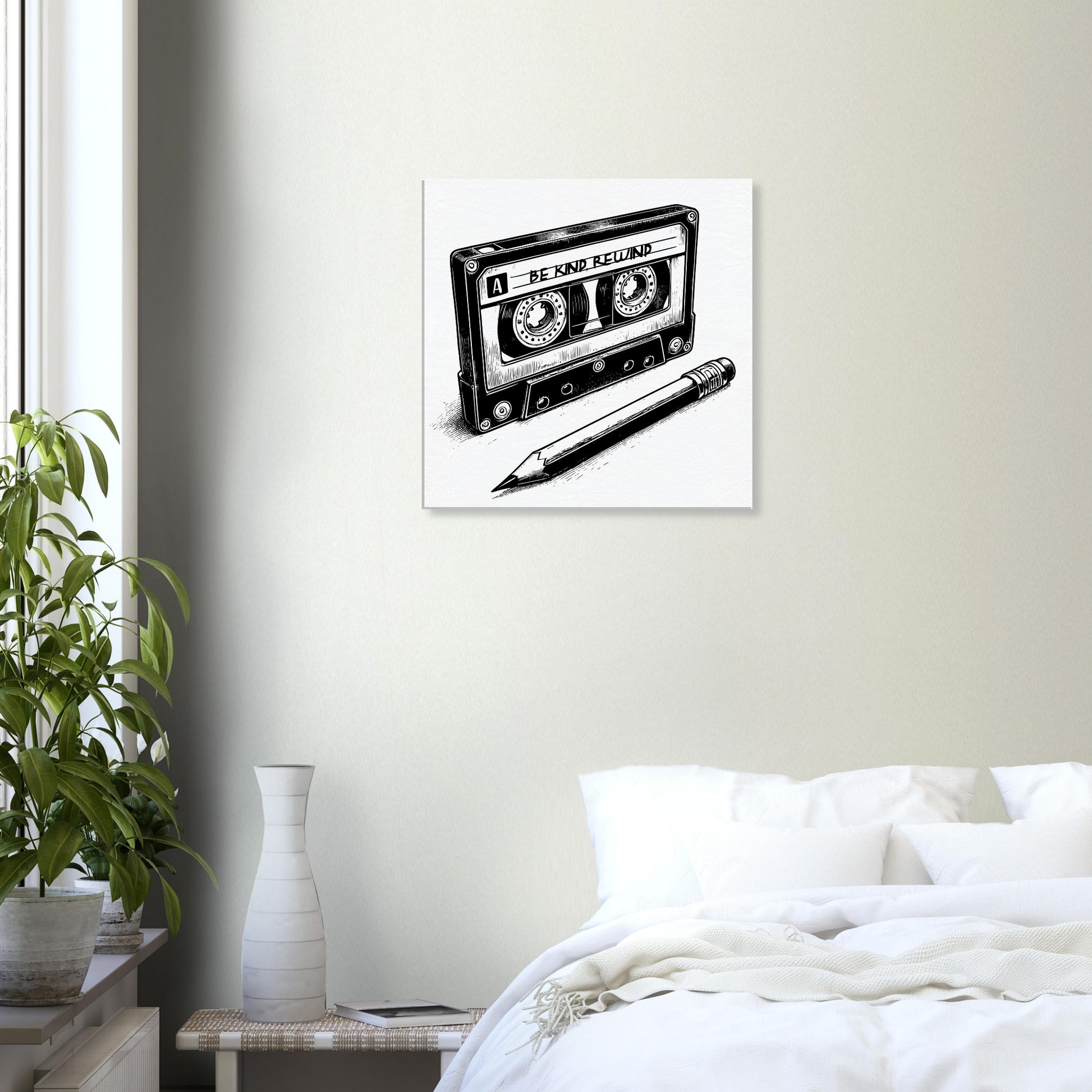 Be Kind Rewind Canvas Print, Retro Cassette Tape & Pencil Illustration, cassette tape sign, music lovers gift, record shop sign - Rampage Design Studio