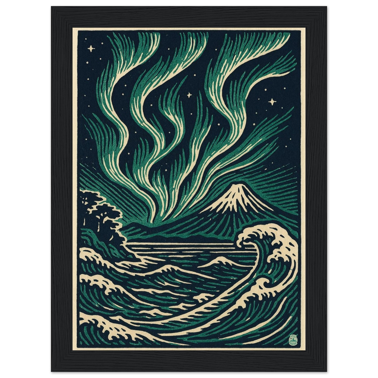 Aurora Night Waves – Japanese Linocut Style Framed Wall Art Print - Rampage Design Studio