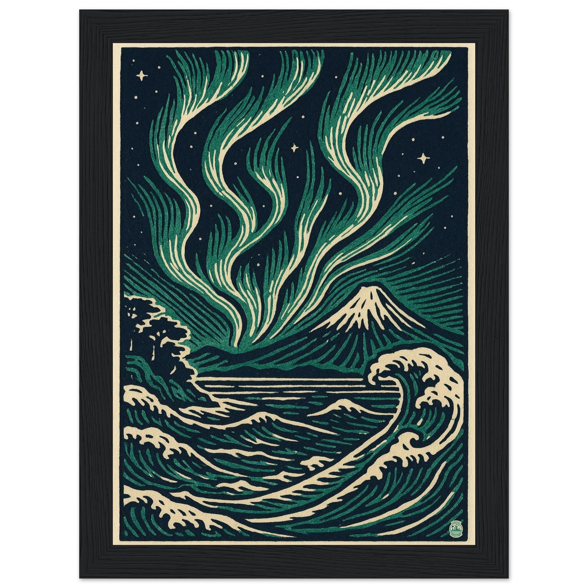 Aurora Night Waves – Japanese Linocut Style Framed Wall Art Print - Rampage Design Studio