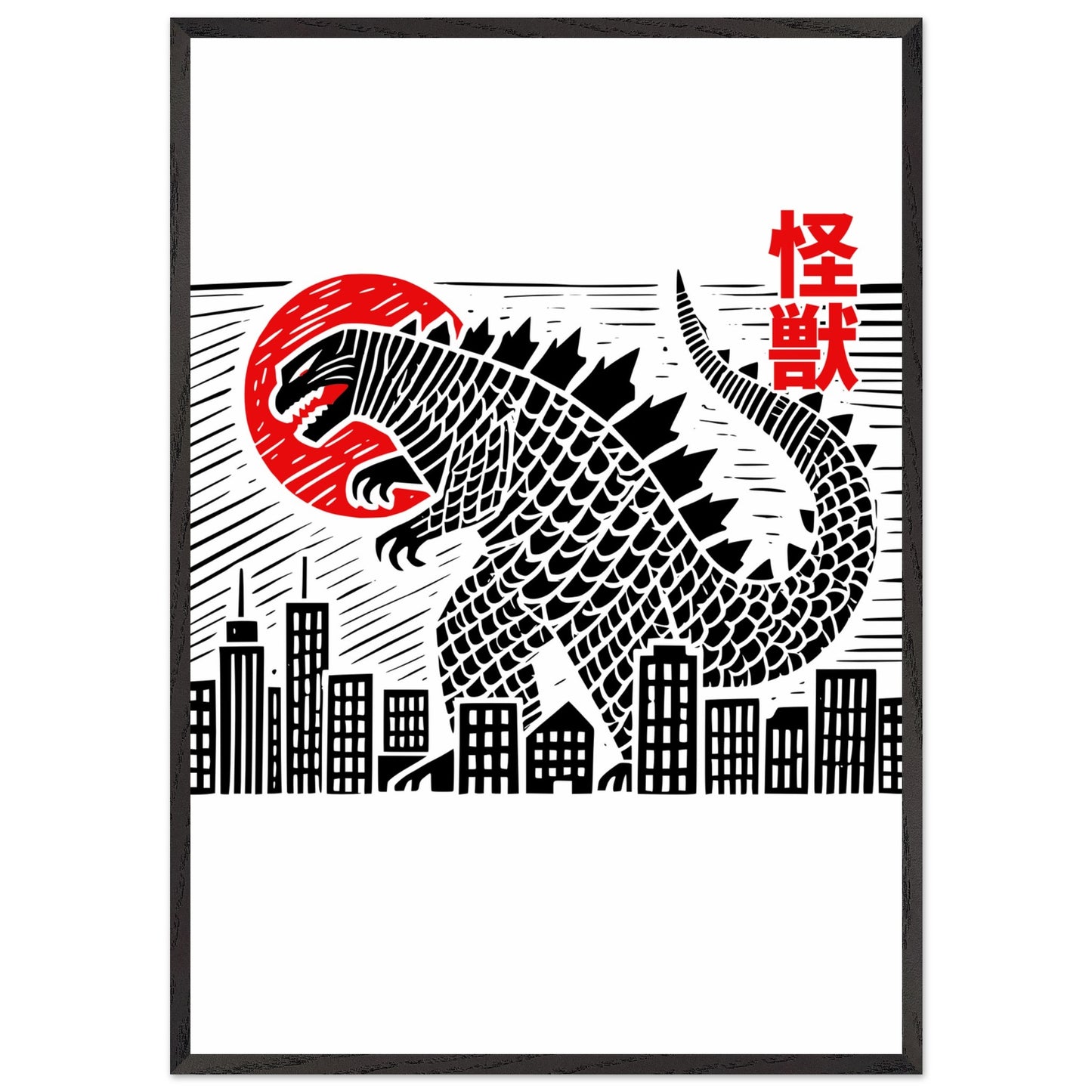 Japanese Block Print Style Mounted Framed Poster – Kaiju Godzilla Cityscape Art - Rampage Design Studio
