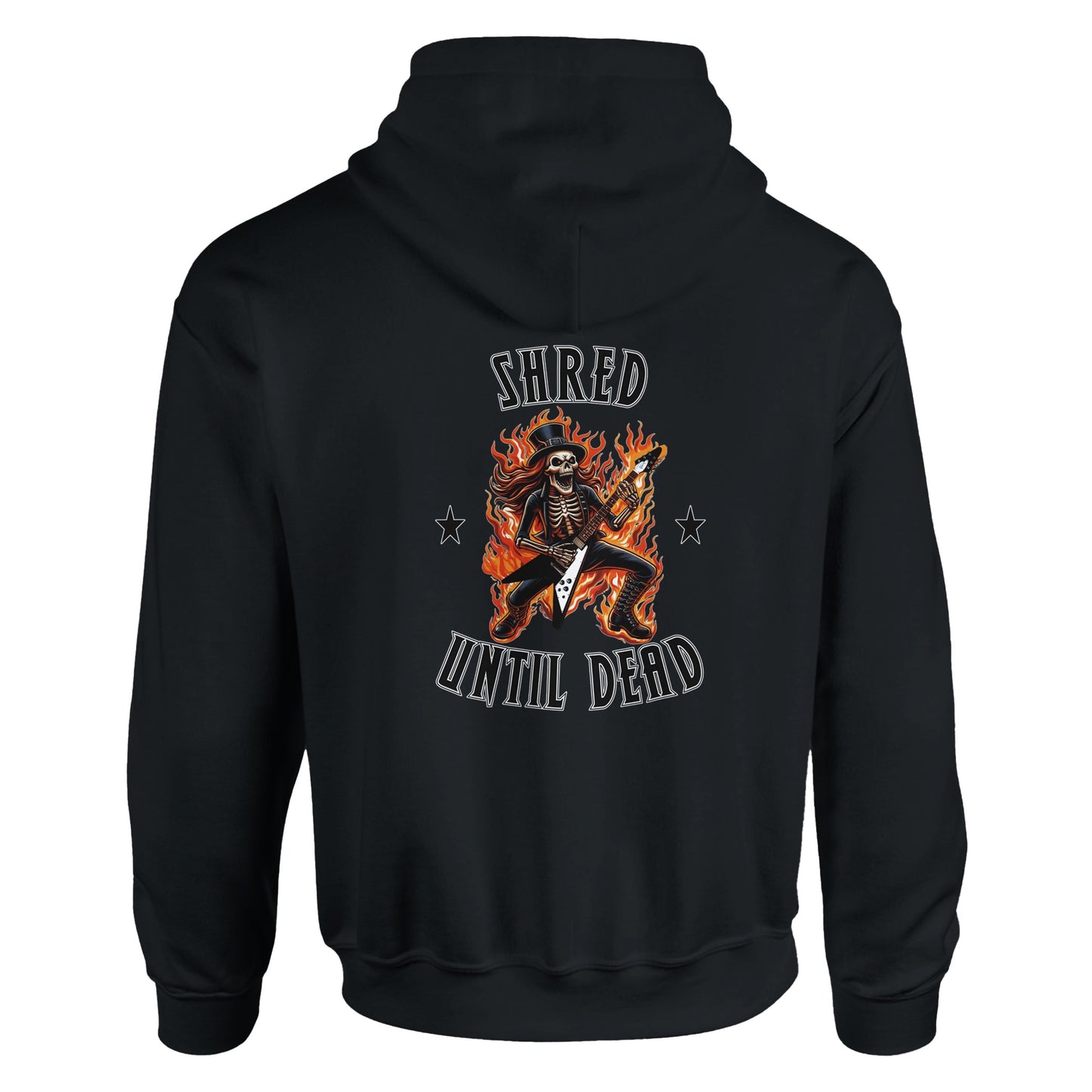 Fiery Skeleton Guitarist Hoodie – 'Shred Until Dead' Graphic, Heavy Blend Material - Rampage Design Studio