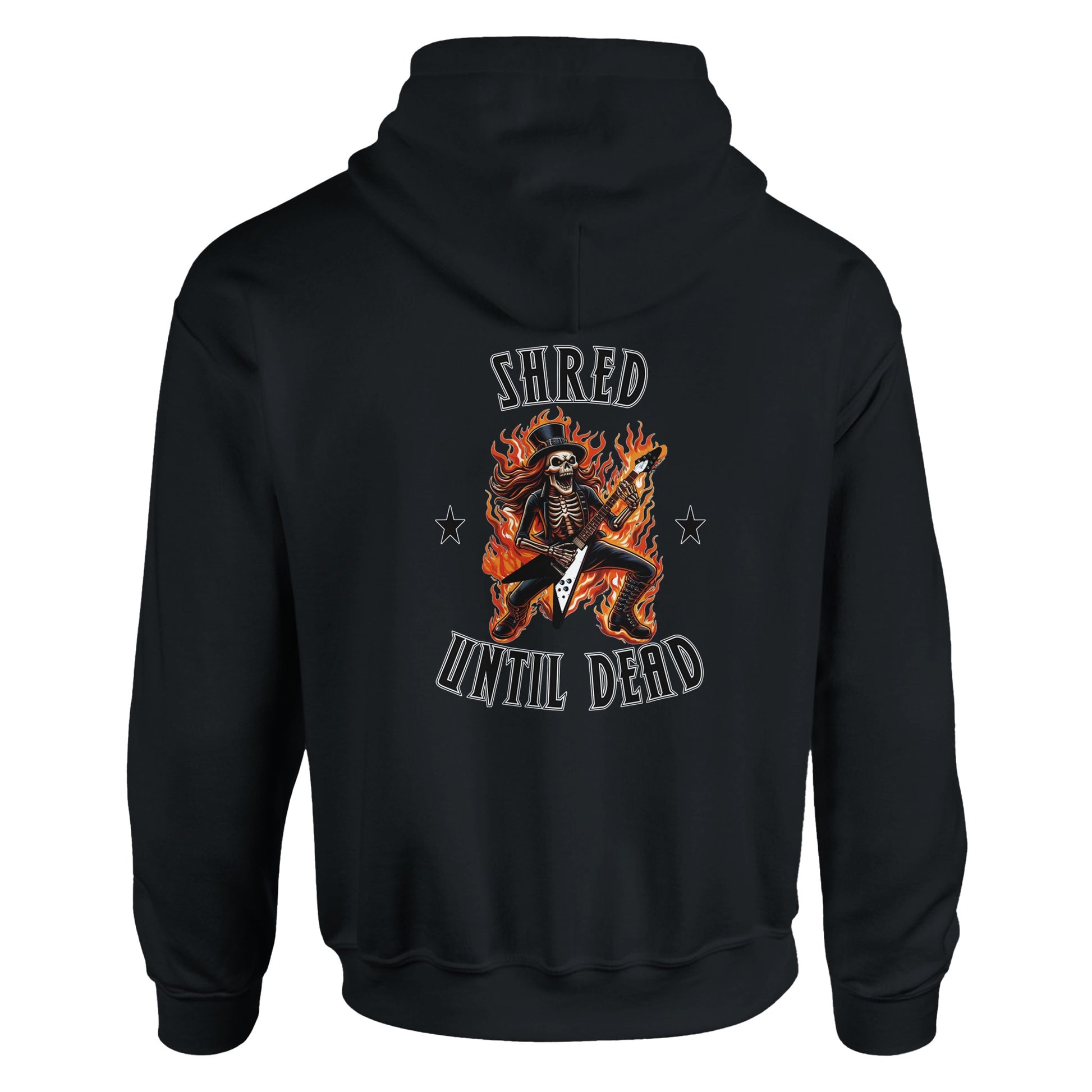 Fiery Skeleton Guitarist Hoodie – 'Shred Until Dead' Graphic, Heavy Blend Material - Rampage Design Studio