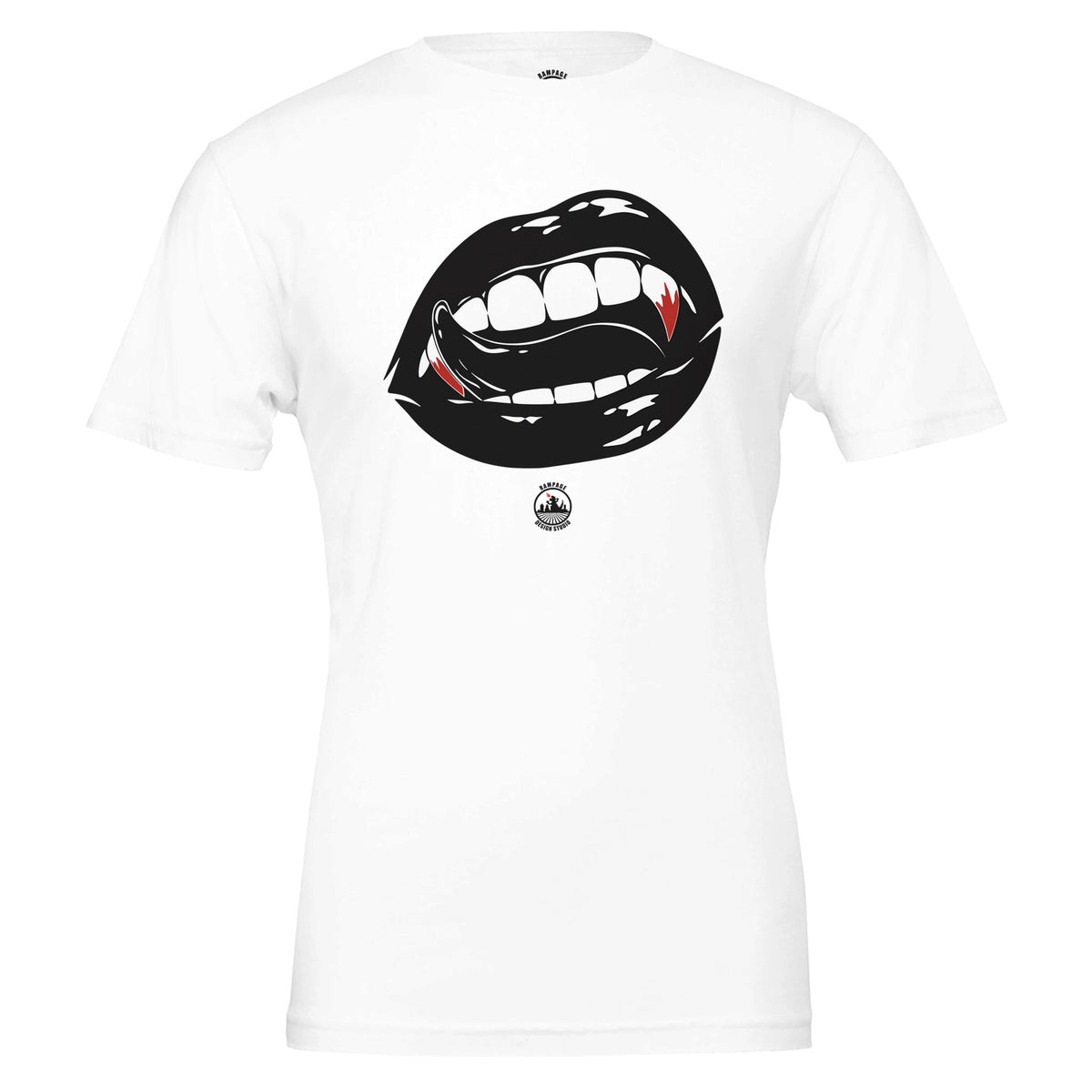 A white T-Shirt with a female vampire mouth design on the front.