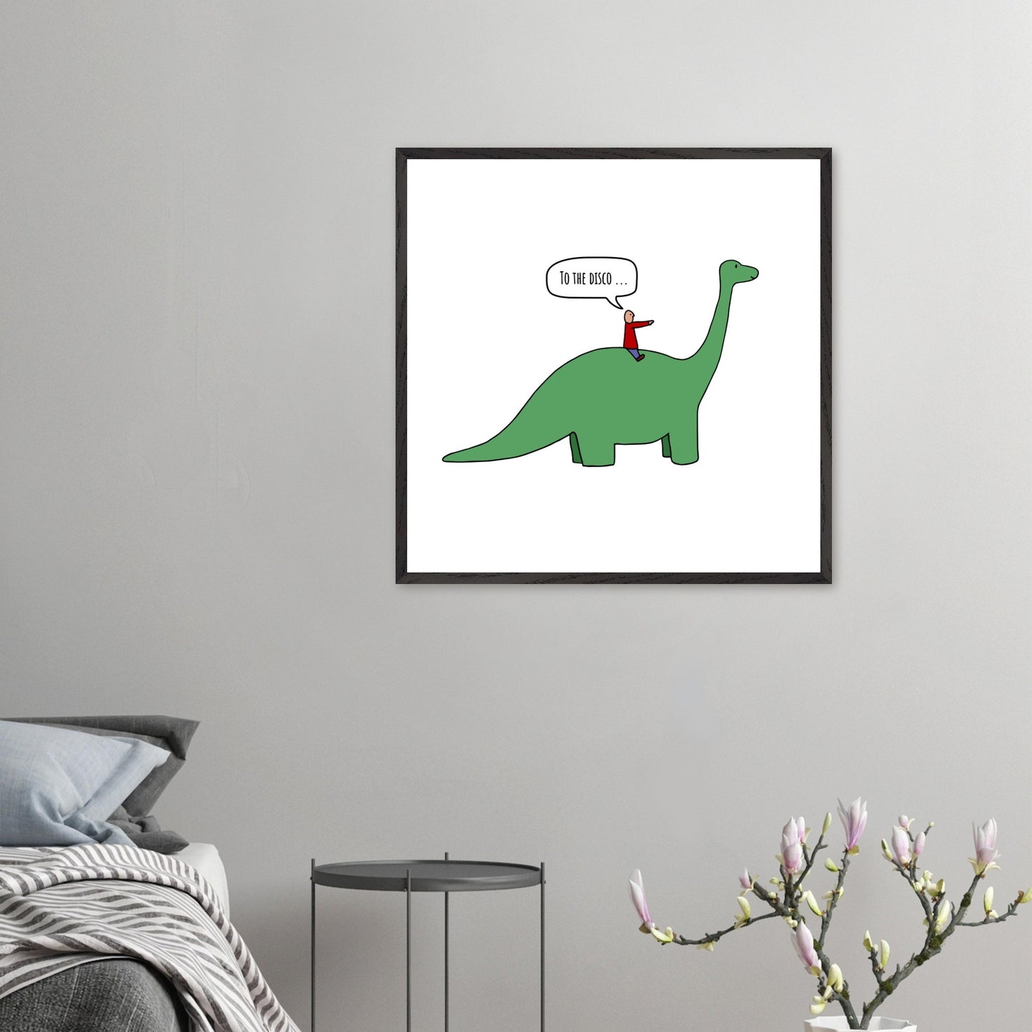 Funny Dinosaur Framed Poster, To The Disco, Dance Themed Art, Music Art, Dinosaur Art, Cartoon Decor, Ready-to-Hang, Sustainable Wood Frame, Perfect for Kids' Rooms - Rampage Design Studio
