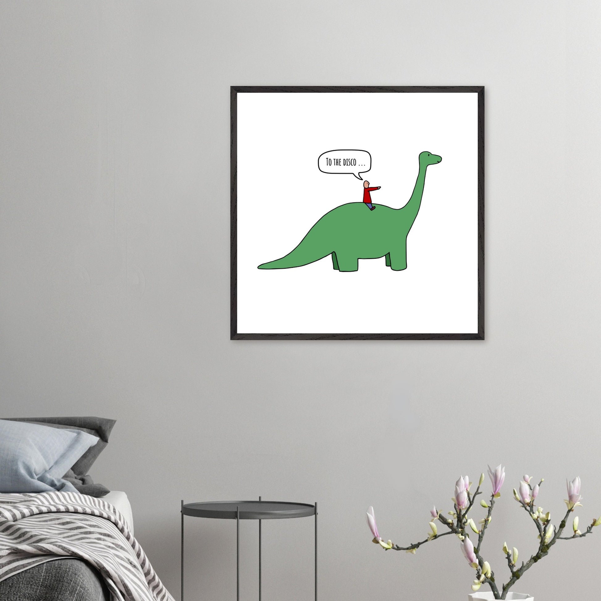 Funny Dinosaur Framed Poster, To The Disco, Dance Themed Art, Music Art, Dinosaur Art, Cartoon Decor, Ready-to-Hang, Sustainable Wood Frame, Perfect for Kids' Rooms - Rampage Design Studio