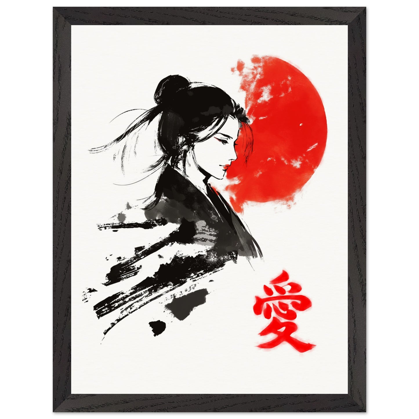 Japanese Woman Art Print Rising Sun Love Kanji Elegant Sumi-e Wall Decor Japanese Art Poster Love Poster - Rampage Design Studio