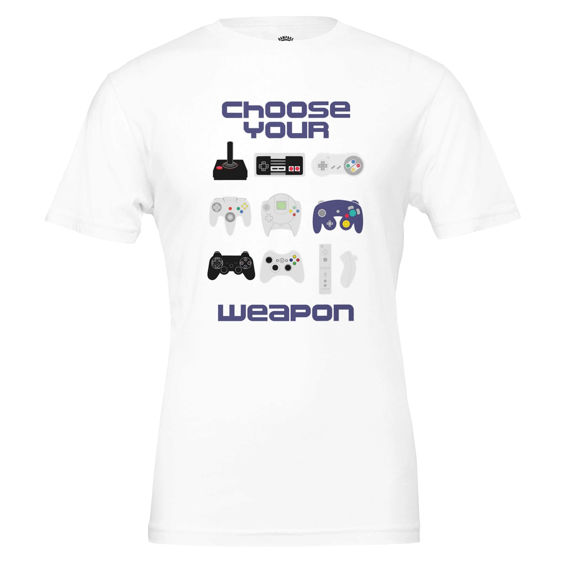 Retro Gamer T-Shirt, Choose Your Weapon, Vintage & Modern Game Controllers Design, Nintendo, Playstation, Sega, Atari, Xbox - Rampage Design Studio