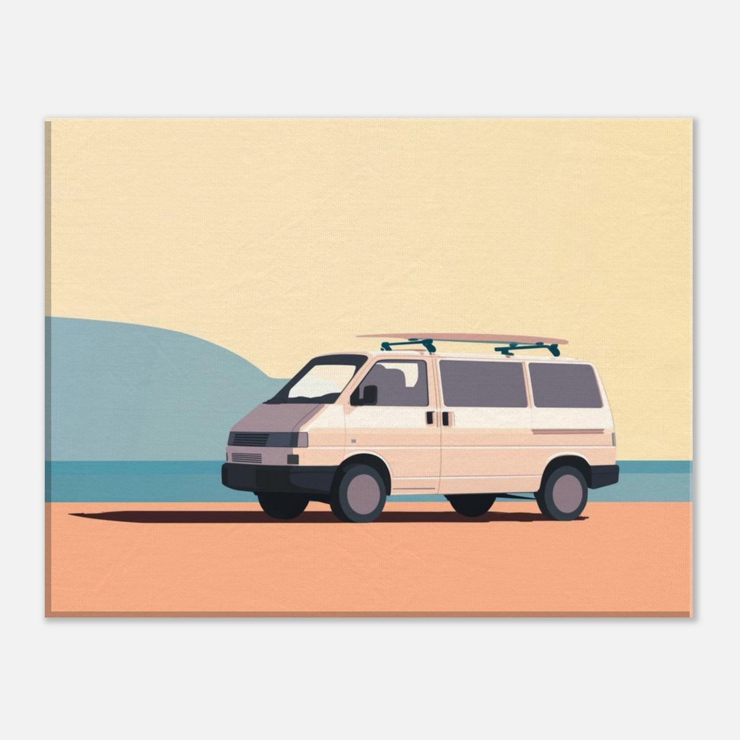 “Waiting for the Waves” – Minimalist VW Camper Van Canvas Print, Surf-Inspired Coastal Wall Art, Digital Artwork by Rampage Design Studio - Rampage Design Studio