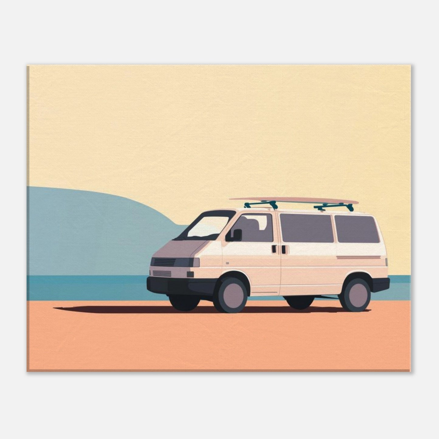 “Waiting for the Waves” – Minimalist VW Camper Van Canvas Print, Surf-Inspired Coastal Wall Art, Digital Artwork by Rampage Design Studio - Rampage Design Studio