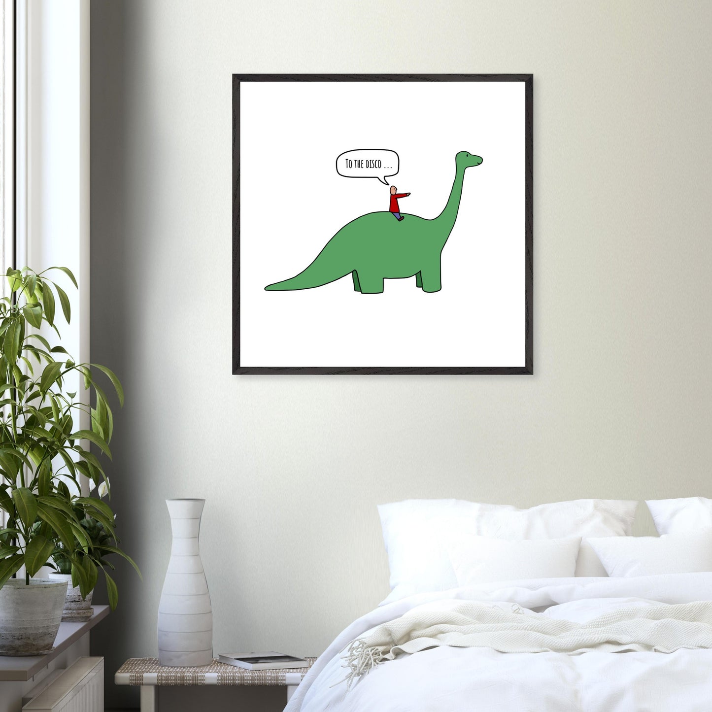 Funny Dinosaur Framed Poster, To The Disco, Dance Themed Art, Music Art, Dinosaur Art, Cartoon Decor, Ready-to-Hang, Sustainable Wood Frame, Perfect for Kids' Rooms - Rampage Design Studio