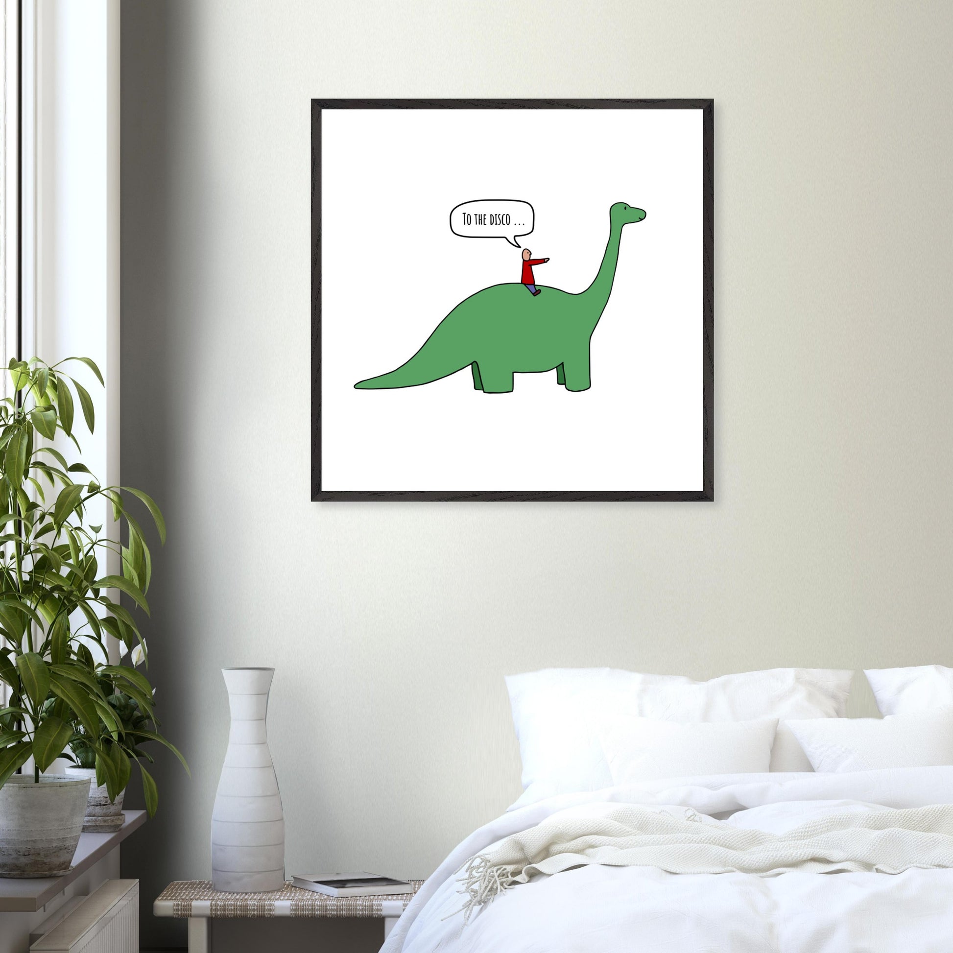 Funny Dinosaur Framed Poster, To The Disco, Dance Themed Art, Music Art, Dinosaur Art, Cartoon Decor, Ready-to-Hang, Sustainable Wood Frame, Perfect for Kids' Rooms - Rampage Design Studio