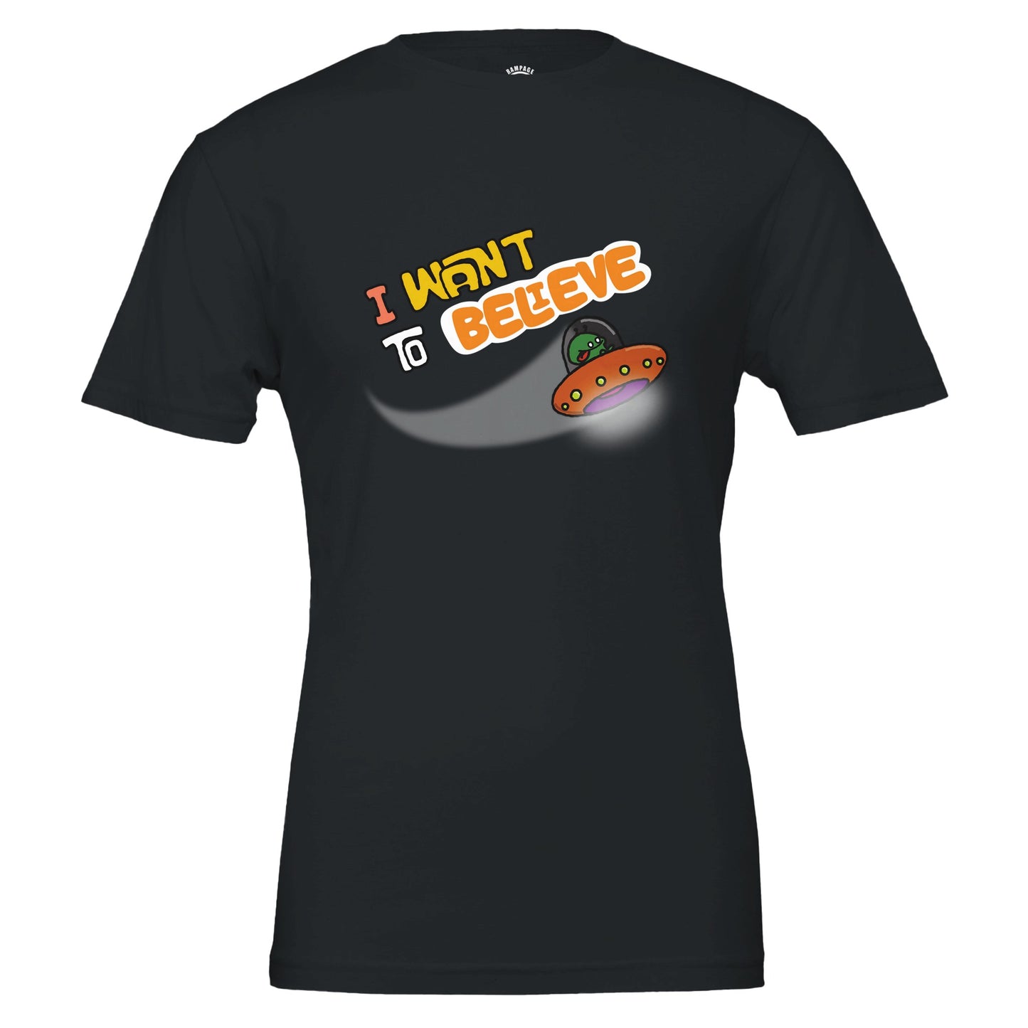 I Want to Believe T-Shirt, Fun Alien Design, UFO Tee, UAP T-Shirt, E.T. Design Shirt, X-Files Inspired Design, Bold Colours, Unisex Cotton Tee - Rampage Design Studio