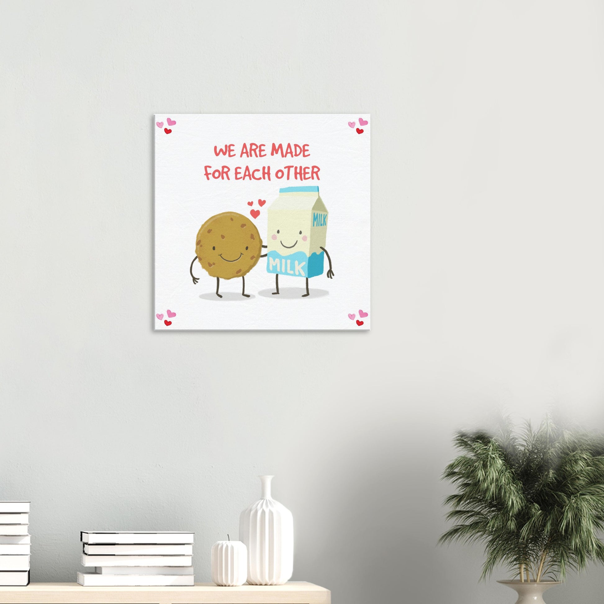 Valentine's Day Canvas Print, Cute Cookie & Milk Love Art, We Are Made for Each Other print, cute gift for a valentine - Rampage Design Studio