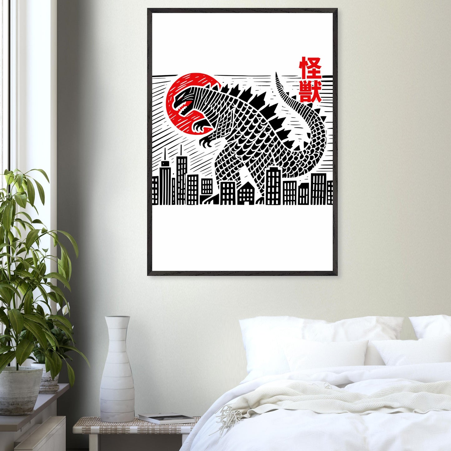 Japanese Block Print Style Mounted Framed Poster – Kaiju Godzilla Cityscape Art - Rampage Design Studio
