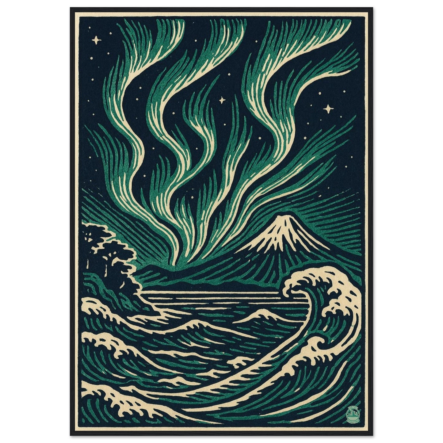 Aurora Night Waves – Japanese Linocut Style Framed Wall Art Print - Rampage Design Studio