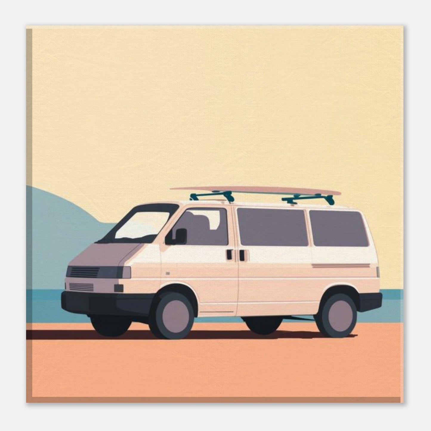 “Waiting for the Waves” – Minimalist VW Camper Van Canvas Print, Surf-Inspired Coastal Wall Art, Digital Artwork by Rampage Design Studio - Rampage Design Studio