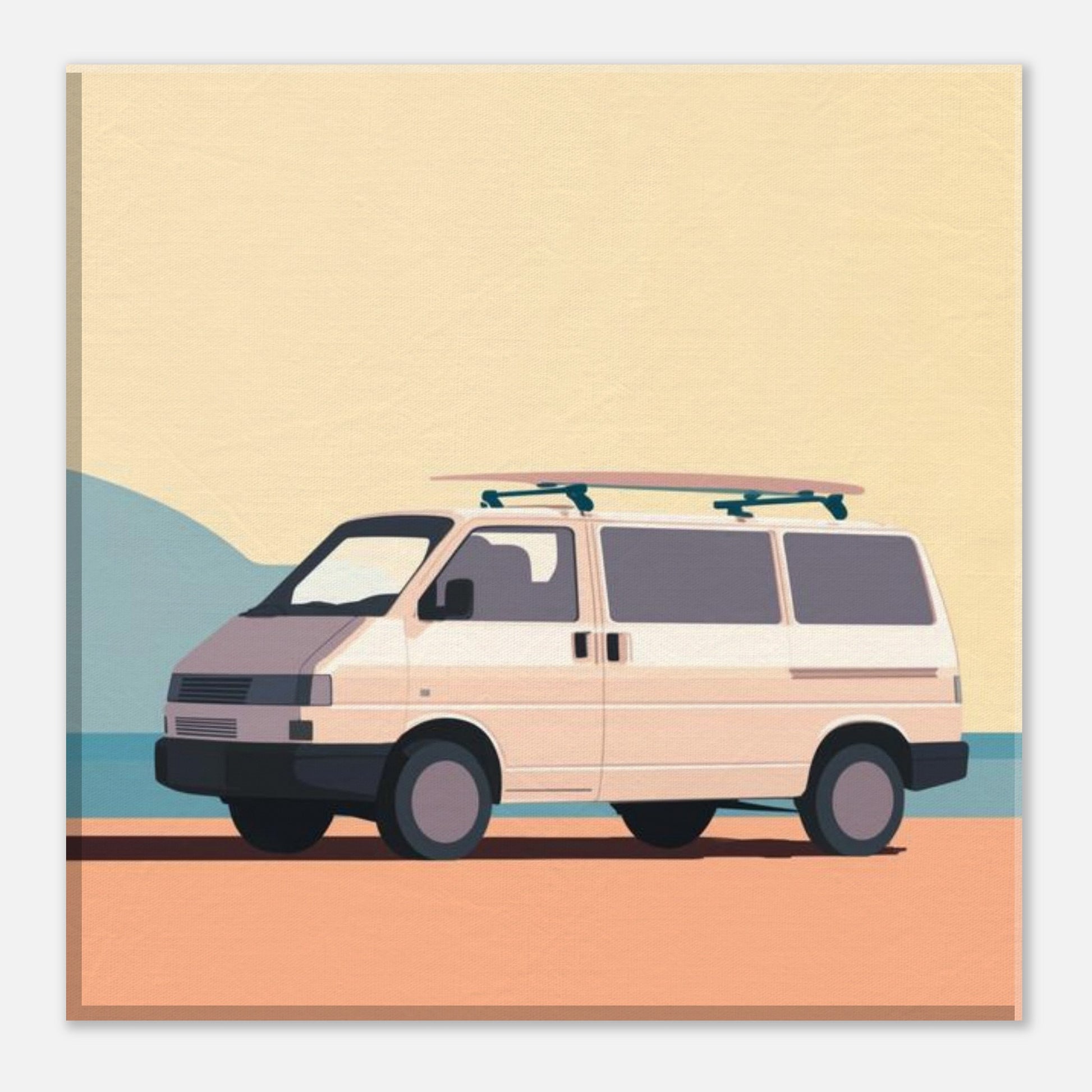 “Waiting for the Waves” – Minimalist VW Camper Van Canvas Print, Surf-Inspired Coastal Wall Art, Digital Artwork by Rampage Design Studio - Rampage Design Studio