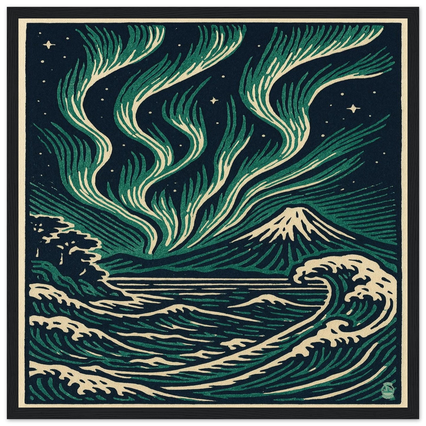 Aurora Night Waves – Japanese Linocut Style Framed Wall Art Print - Rampage Design Studio