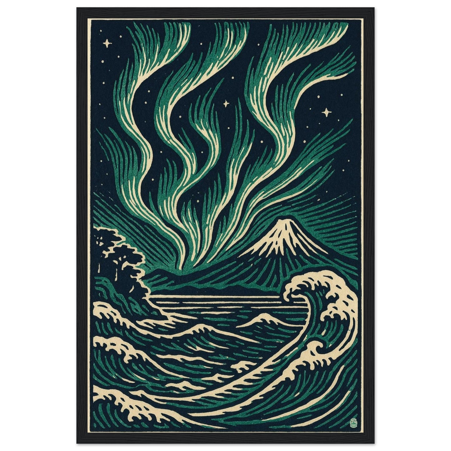 Aurora Night Waves – Japanese Linocut Style Framed Wall Art Print - Rampage Design Studio