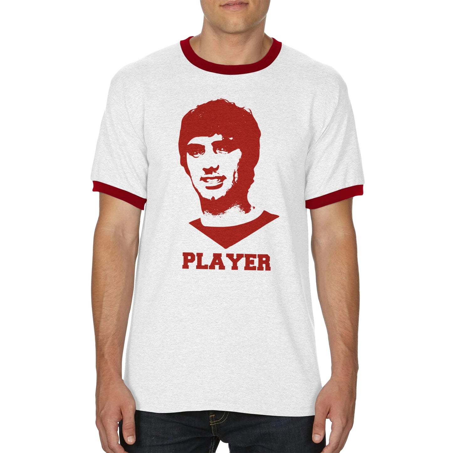 Player - George Best Unisex Ringer T-shirt White and Red - Rampage Design Studio