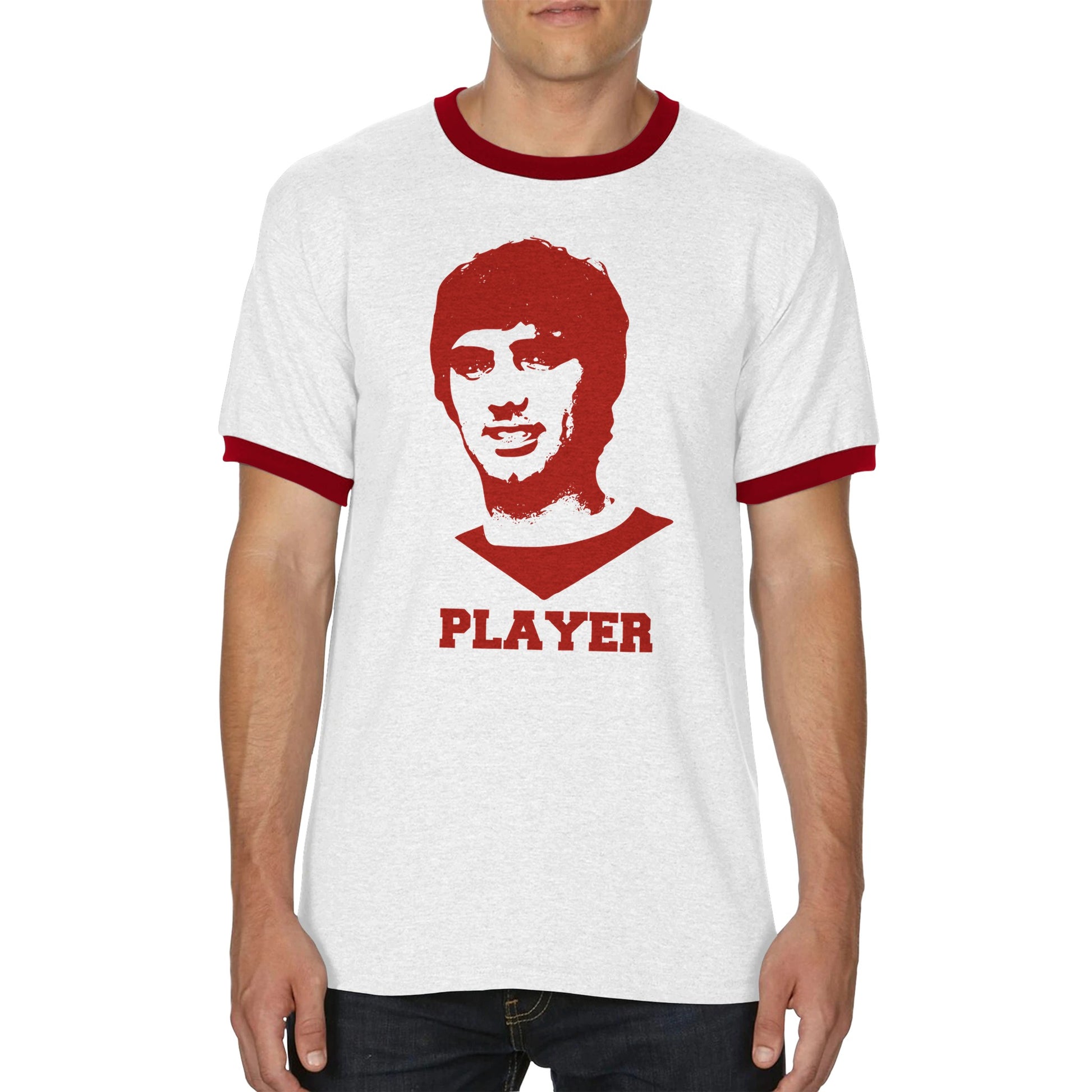 Player - George Best Unisex Ringer T-shirt White and Red - Rampage Design Studio