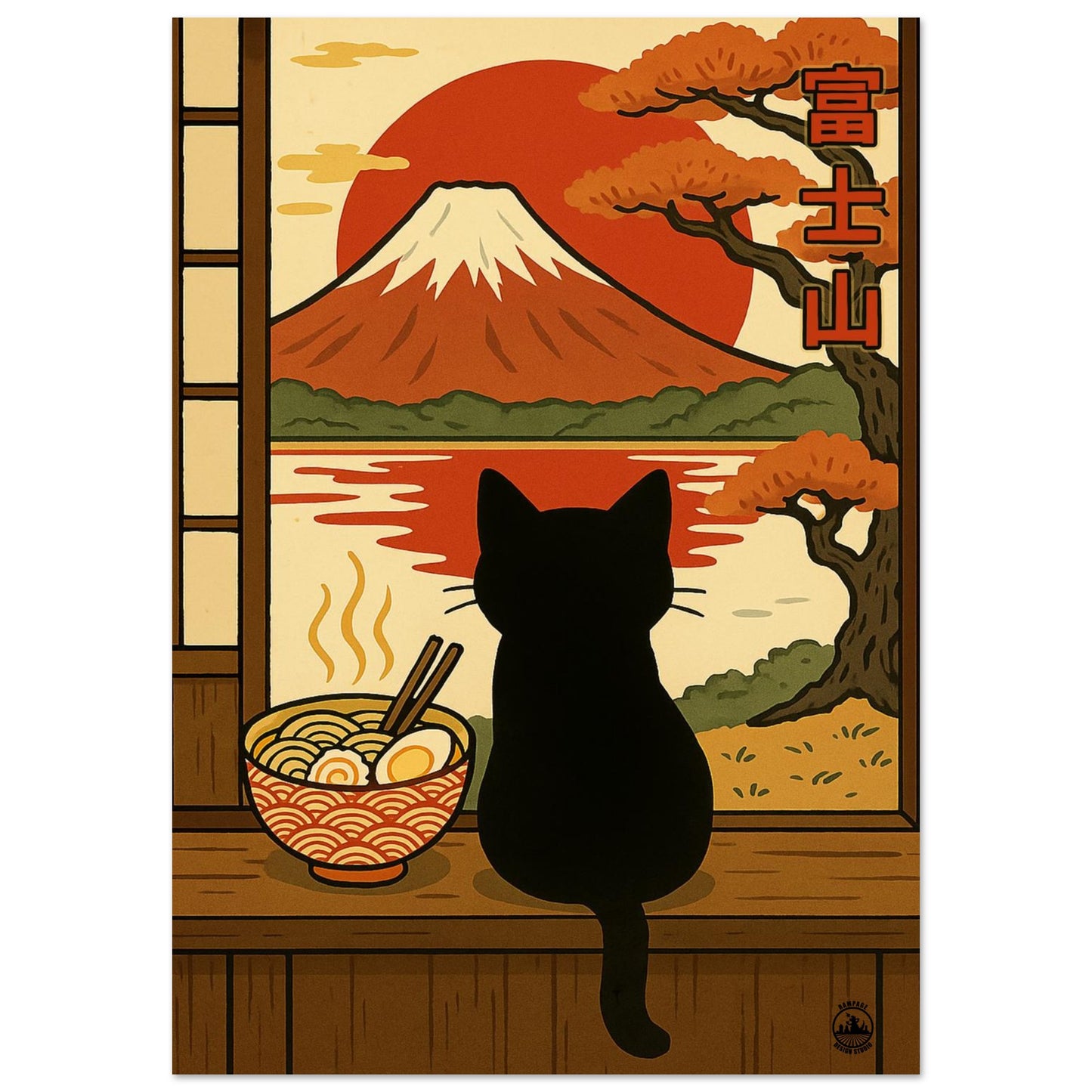 Japanese Wall Art Matt Poster- Mount Fuji Cat Poster - Ramen and Red Sun Artwork - Japanese Home Decor Gift - Rampage Design Studio