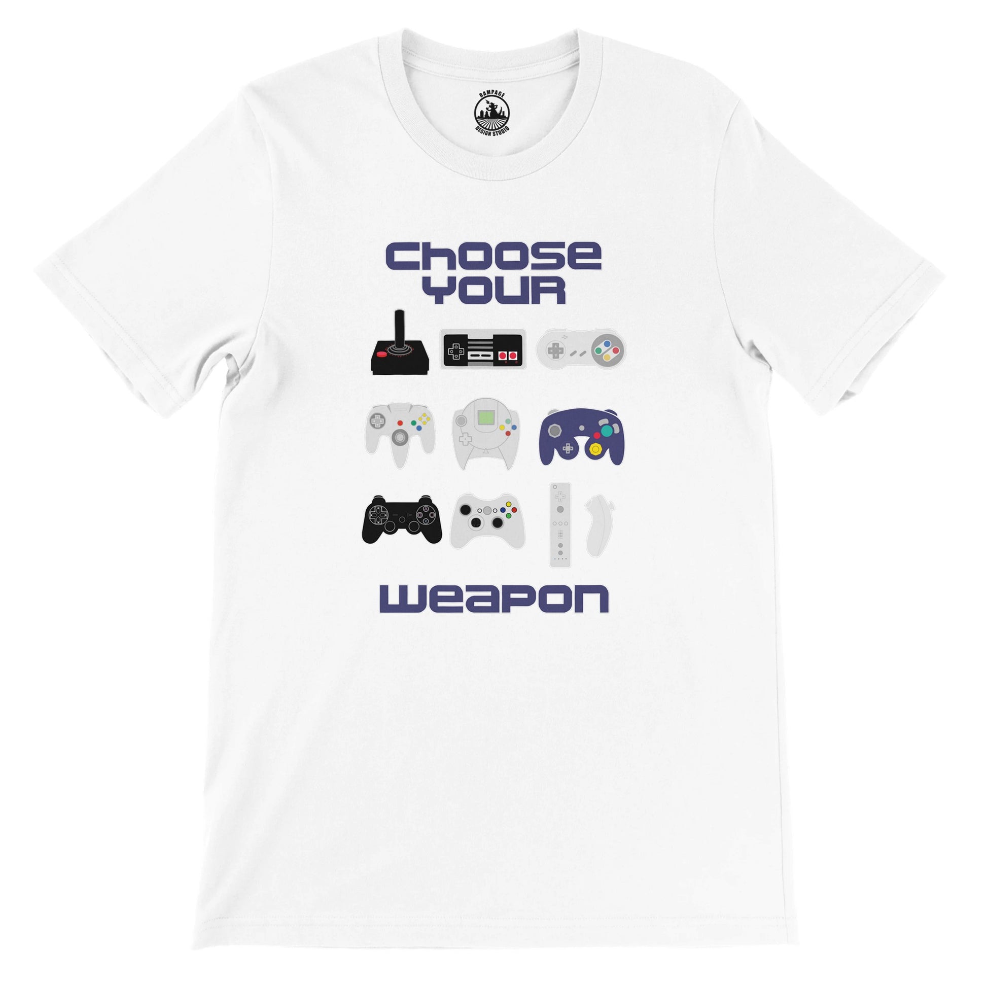 Retro Gamer T-Shirt, Choose Your Weapon, Vintage & Modern Game Controllers Design, Nintendo, Playstation, Sega, Atari, Xbox - Rampage Design Studio
