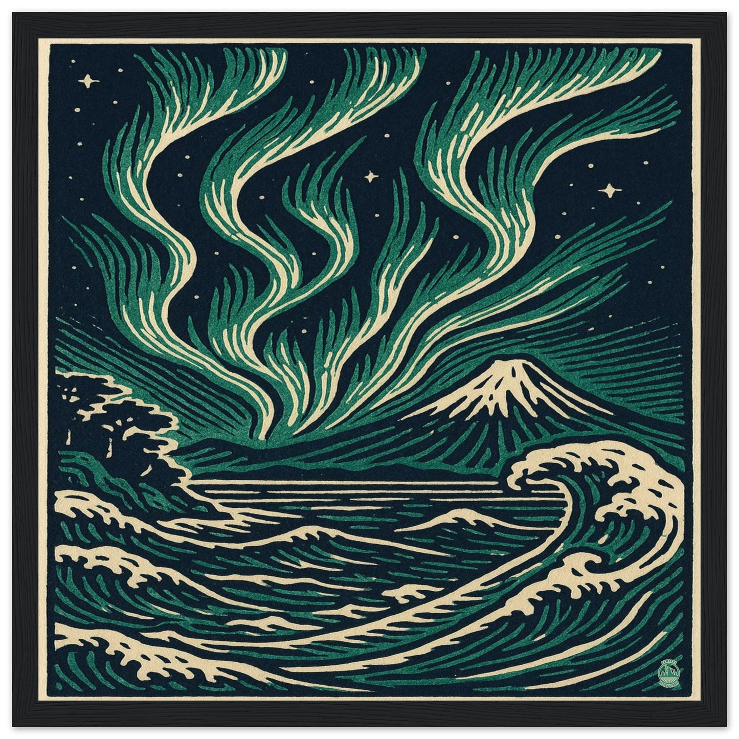 Aurora Night Waves – Japanese Linocut Style Framed Wall Art Print - Rampage Design Studio
