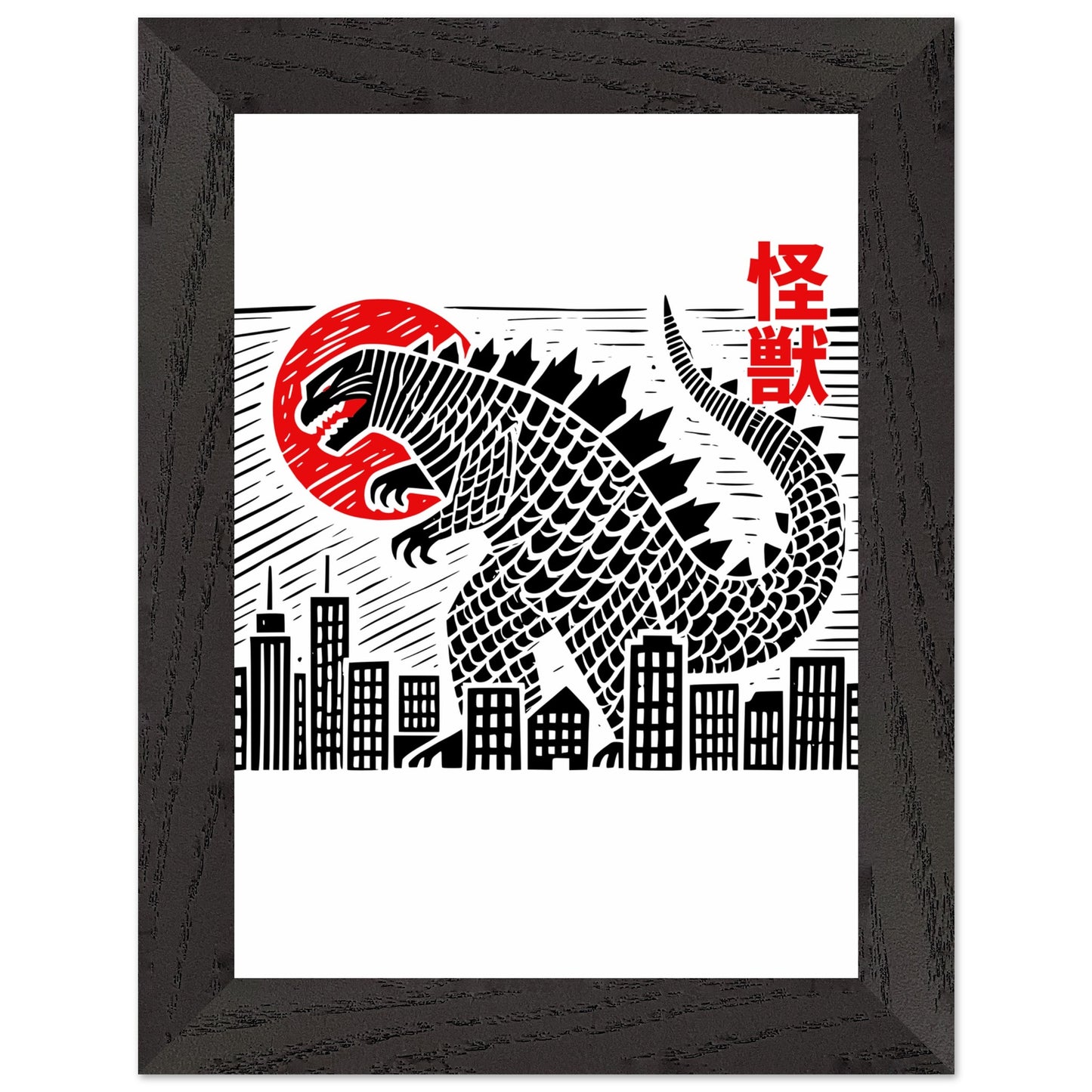 Japanese Block Print Style Mounted Framed Poster – Kaiju Godzilla Cityscape Art - Rampage Design Studio