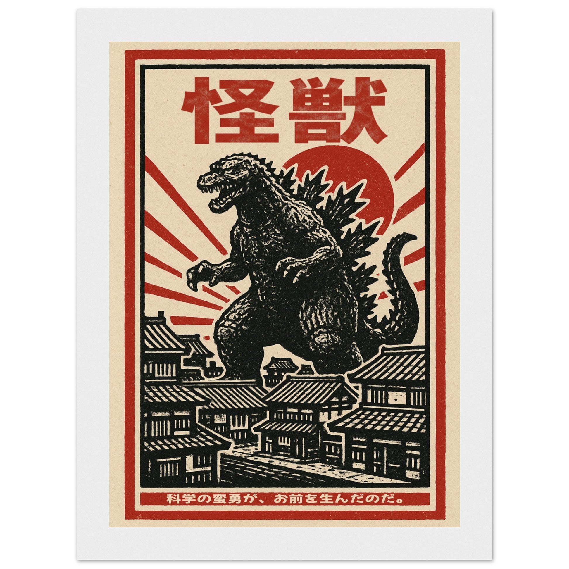 Retro Godzilla Kaiju Framed Poster – Japanese Vintage Monster Movie Wall Art Print - White, Wood, Dark Wood or Black Frame - Rampage Design Studio