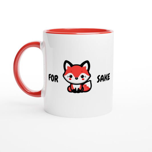 Funny Fox Mug – Red Handle & Interior – 'For Fox Sake' Design – Ceramic Coffee Cup 11oz - Rampage Design Studio